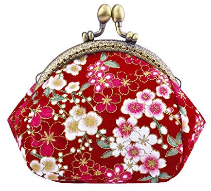 Oyachic Fleur Cerisier Porte Monnaie Floral Coin Purse Vintage Portefeuille Fermoir Clic Clac Femme Pièces Pochette en Toile Kiss Lock Change (Rouge)