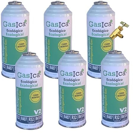 REPORSHOP - 1 Botella Gas Gasica V2 226Gr Alternativo R22, R32, R407C, R410A Freeze (6 Botellas+Val)