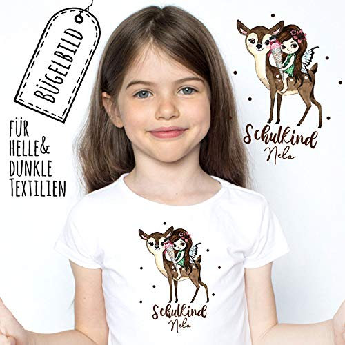 Bügelbilder zur Einschulung Fee auf Reh & Wunschname Schulkind Applikation Kissen Shirt Taschen Bügelbild Patch in A5 bb179 ilka parey wandtattoo-welt®