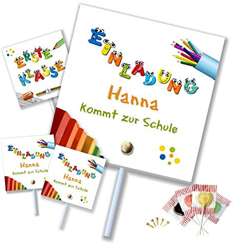 Unser-Festtag Lustige Einladung am Lutscher Lolli Einladungskarten für Einschulung. Ihr Wunschtext wird gratis eingedruckt! - 90 Karten