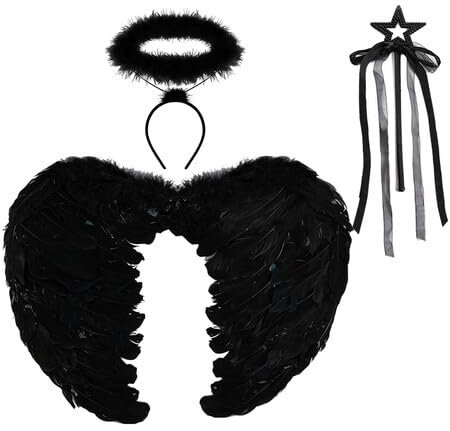 Spooktacular Creations Set de Accesorios Disfraz de Ángel Negro Oscuro con Alas de Plumas, Diadema de Halo y Varita para Fiestas de Halloween Cosplay