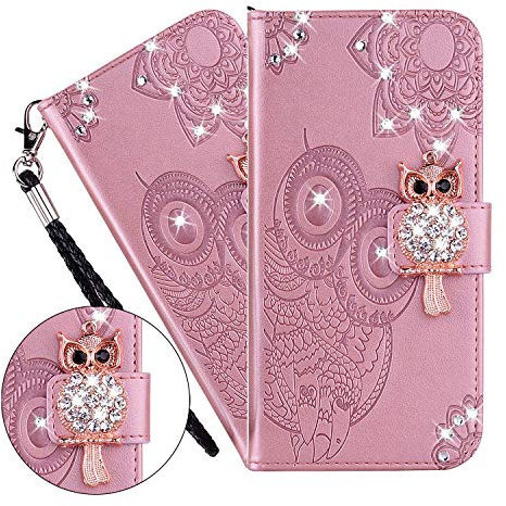 LEMAXELERS Galaxy S20 FE 5G Hülle,Galaxy S20 Lite Handyhülle Glitzer Diamant Eule Blume Prägung Flip Case PU Leder Cover Magnet Schutzhülle Handytasche für Samsung Galaxy S20 FE 5G,YK Owl Rose