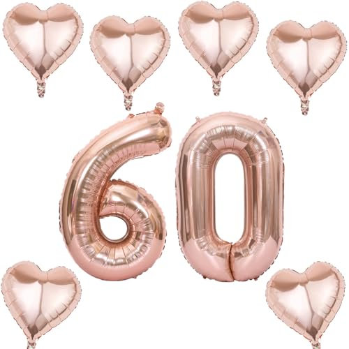 Roségold Zahlen Luftballon 60 +6 pcs herz Heliumballon 60. Geburtstag Deko für Frauen,40 Roségold Riesen Folienballon 60 für 60 Jahre Geburtstag deko, Helium Zahlenballon 60