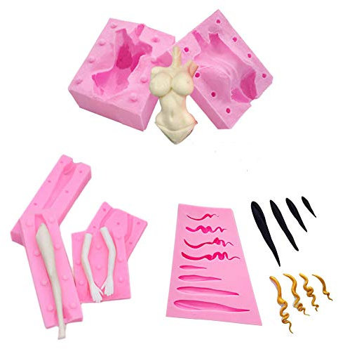 WDC WonDerfulC - 4 moldes de silicona para fondant, para cabello, brazos y piernas, cuerpo humano, modelo femenino, moldes de arcilla para jabón