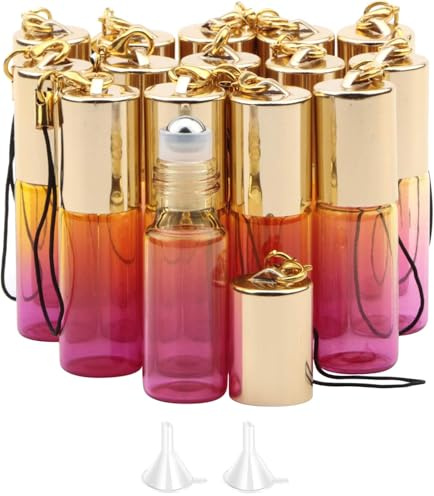 Rowiz 15 Stück 5 ml gelbe Rosenrote Glasflaschen zum Aufrollen, UV-Schutz, leere Probefläschchen, ätherisches Öl, Glasflaschen mit Edelstahl-Rollkugeln und goldenem Schraubverschluss mit Schnalle