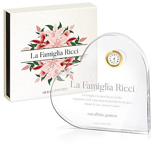 Maverton Cuore di Vetro con Orologio - con Incisione - in Scatola Personalizzata - Cuore di Cristallo - Orologio - Idee Regalo per Anniversario - Famiglia