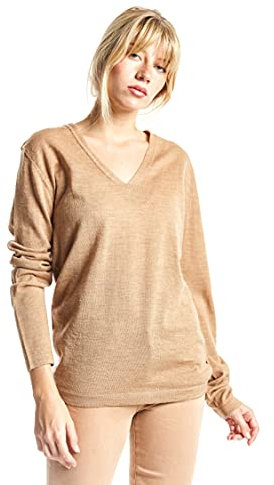 ETERKNITY - Jersey Basico Entallado con Cuello Pico en Calidad Merino Extrafine, Camel, L