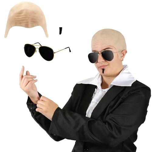 Mr Worldwide Zubehör-Set für Erwachsene, hautfarbene Glatze, schwarze Sonnenbrille, schwarzer Seelenaufnäher, Musik-Ikone, berühmte Prominente, Kostümzubehör-Set