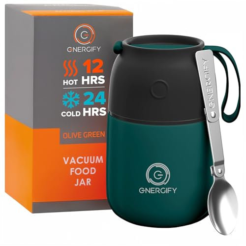 ENERGIFY Vacuum Insulated Food Jar. Large 17oz Bowl incl. Folding Spoon, Cup. Wide Mouth Keep Hot & Cold Drinks Soup Lunch Container for Adults. BPA-Free Stainless Steel, Leak Proof Olive Green