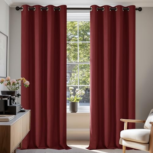 Deconovo Gardinen Wohnzimmer Blickdichte Gardinen mit Ösen Lärmschutz Vorhänge Gardinen Wohnzimmer Modern Thermo Vorhänge gegen Kälte, 300x140 cm(HöhexBreite), Rot, 2er Set