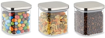 Relaxdays Set 3 Barattoli in Vetro con Coperchio in Acciaio, Contenitori per Cucina, da 600 ml, Trasparente Argentato, Inox, 11 x 10.5 x 10.5 cm