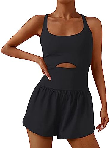 PDYLZWZY Damen ein Stück Yoga Overall ärmellos Cami Playsuits Sport Bodycon Kurz Jumpsuits Kreuz rückenfrei Workout Romper Trainingsanzüge (Black, M)