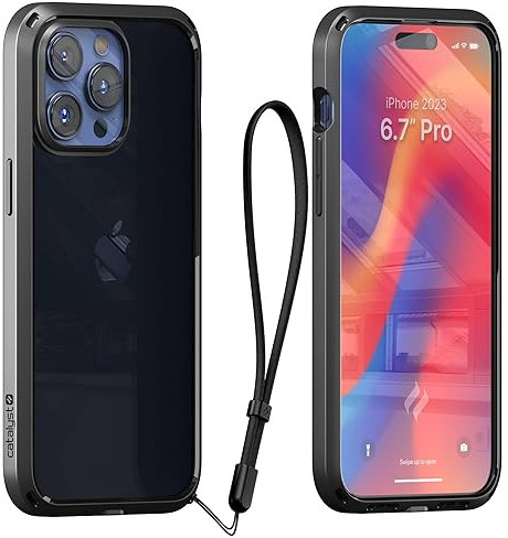 Catalyst Influence Case for iPhone 15 ProMax Drop Proof, Non-Slip Frosted Edges and Crystal clear back, Raised Edges Protection, 30% Louder Forward Audio, Lanyard Included - Midnight Black