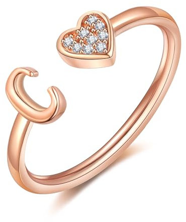 FUNEIA Herz Ring mit Buchstaben Damen Frauen Silber Rosegold Offener Verstellbarer Initiale Alphabet A-Z Ringe Zirkonia Fingerring Stapelring Wasserfest Buchstabe Ring Schmuck Mädchen mit Geschenkbox