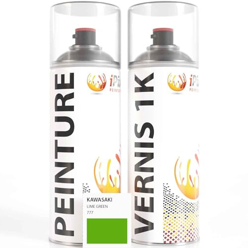 ipixline Kit Retouche Peinture Carénage Moto - Bombe Aérosol Peinture 400 ml, Vernis Brillant 1k 400 ml - Compatible avec Kawasaki - Lime Green 777