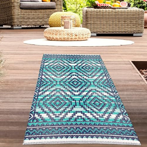 CARPETIA Kunststoff Outdoor Teppich wetterfest leicht modern Balkonteppich Garten Terrasse Azteken Muster türkis-blau Läufer kurz 90 x 150 cm