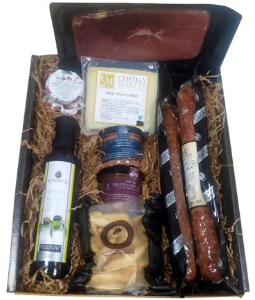 Deliex delicias de Extremadura. Cesta gourmet con aceite La Chinata, jamón, lote de ibéricos, queso, patés, picos .Regalos originales para hombres y mujeres. (Cesta con queso)