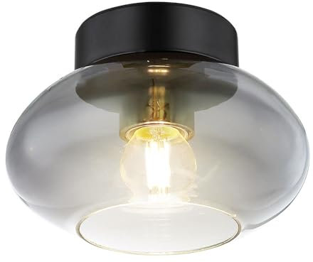 GLOBO Deckenlampe Rauchglas Deckenleuchte Glas Rauchglas Deckenleuchte Vintage, Retrodesign Wohnzimmer, Metall schwarz, 1x E27 Fassung, DxH 18x13 cm