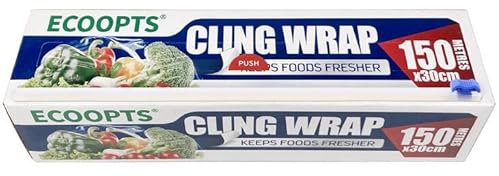 ECOOPTS Cling Film with Dispenser & Cutter | Microwave & Freezer Safe Catering Cling Film | 30cm x150m(The Slide Cutter stored in The Inner core of The roll)