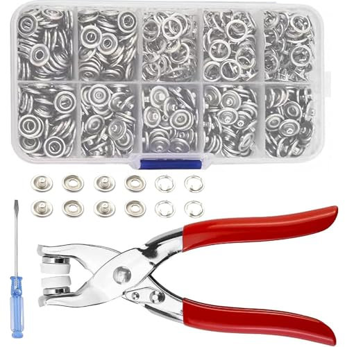 Druckknöpfe mit Zange, 100 Sets Druckknöpfe, Metall Druckknopf Set mit Feste Knöpfe Werkzeug, Feste Knöpfe Werkzeug, Druckknöpfe Ohne Nähen, für DIY Kleidung Taschen, Handgemaakt, 9.5 mm, Silbrig