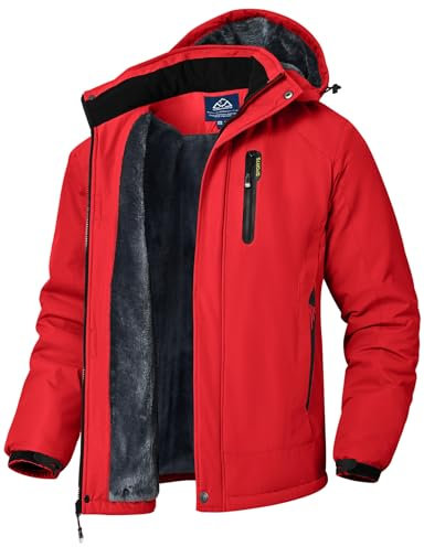 donhobo Herren Winter Skijacke Atmungsaktiv Warm Gefüttert Winterjacke Wasserdichte Winddichte Outdoor Verdickt Funktionsjacke mit Abnehmbarer Kapuze, Rot, XXL