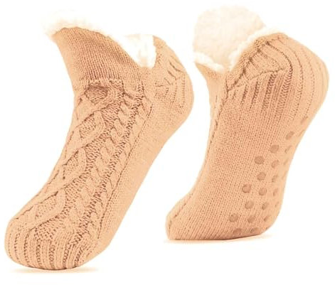 AWAVM Calzini da donna morbidi e caldi foderati in pile, antiscivolo, per donne, uomini e ragazze, calzini morbidi e spessi per pavimento natalizio, cachi, One Size Wide