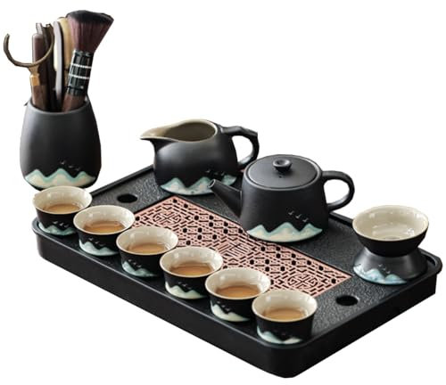 GIZNXBA Juego De Té De Cerámica con Tetera Y Taza para 6, Juego De Té Negro para Adultos con Bandeja De Madera Extraíble, Tubo De Desecho, Juego De Té para Los Amantes del Té