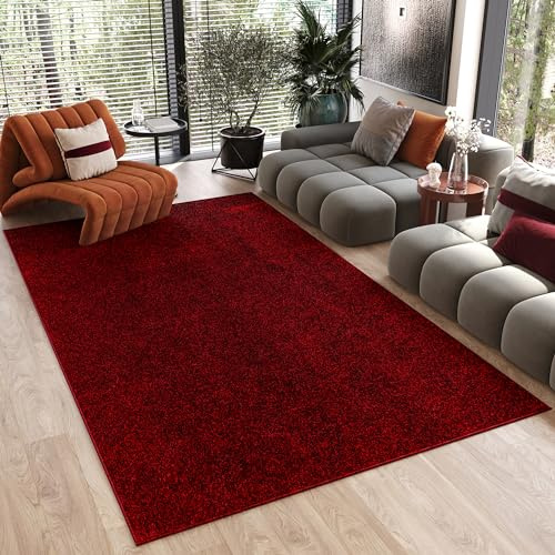 TAPISO Noyan Teppich Kurzflor Antirutsch Rot Einfarbig Waschbar Modern Design Waschmaschinenfest rutschfest Wohnzimmer Schlafzimmer ÖKOTEX 240 x 340 cm