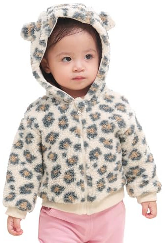 Minicoco Giacca Caldo in Pile Sherpa per Bambina Giacche Peli Sintetici con Cerniera Integrale Cappotto Bambina in Peluche con Cappuccio (6-9 mesi, Stampa leopardo (manica lunga))