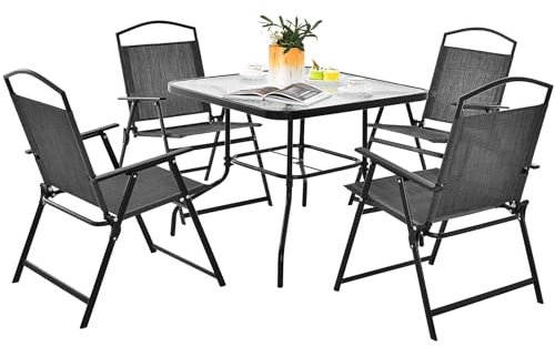 COSTWAY Ensemble de Salon de Jardin 5 Pièces, 4 Chaises Pliantes 1 Table Basse en Verre Trempé avec Trou pour Parasol Cadre en Métal, pour Patio Terrasse Piscine Cour, Noir+Gris
