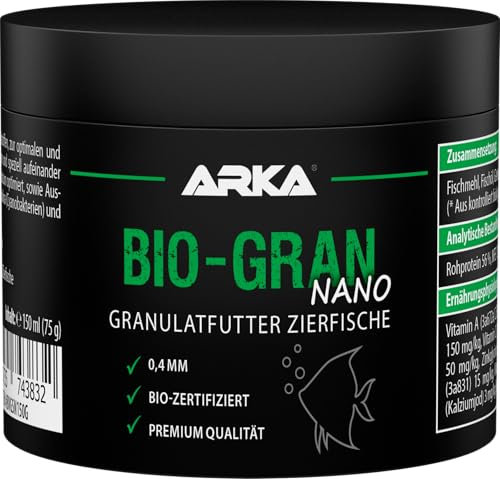 ARKA Bio-Gran Nano - 150 ml / 75 g - Biozertifiziertes Fischfutter für jedes Süßwasser-Aquarium, fördert Wachstum, Farbenpracht und Vitalität von Zierfischen
