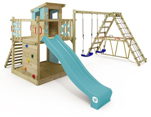WICKEY Spielturm Klettergerüst Smart Surf mit Schaukel & pastellblauer Rutsche, Outdoor Kinder Kletterturm mit Sandkasten, Leiter & Spiel-Zubehör für den Garten