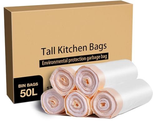 HoYLluDLL 115 Counts 50L Bin Bags Heavy Duty Bin Liners 50L Bin Bag Strong 50L Swing Bin Liners Drawstring Multipurpose White Bin Bags with Tie Handle Unscented for Kitchen, Home & Office