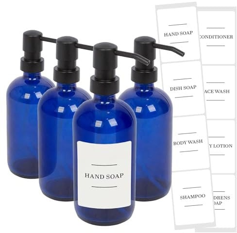 Harbour Housewares Glass Soap Dispensers with Labels - Blue/White - 4 Pack - 500ml Refillable Soap Dispensers Hand and Dish Liquid Pump for Bathroom, Kitchen, Laundry Room
