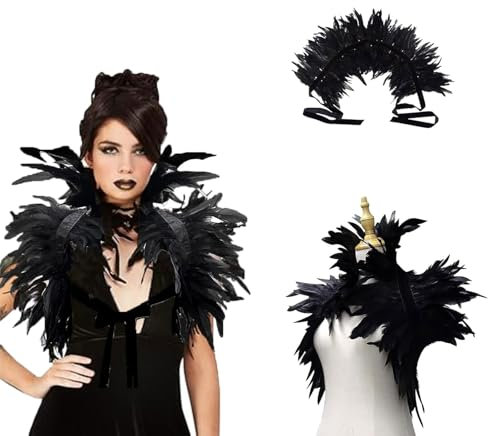FYZSJWL Federkragen,Gothic Feder Achselzucken,Damen Federn Cape,Gothic Schwarz Feder Cape Stola Shrug,Gothic Schal Schulterflügel,Federumhang Kostüm,für Karneval, Halloween, Gotische Kleiderparty