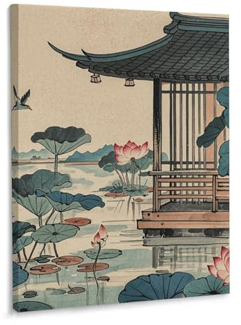 Dekoratives Gemälde für Wandkunst, Leinwand, Gemälde, Garten, See, Kiosk, Poster, ästhetische Malerei für Wohnzimmer, Wanddekoration, Poster, hängende Bilder für Zimmer, Schlafzimmer