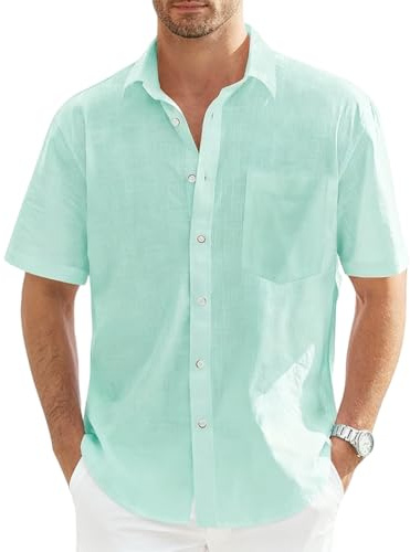Men's Linen Cotton Shirts Short Sleeve Henley Shirt Regular Fit Casual Solid Shirt Lightweight Summer Beach Shirts with Pocket (Mint Green,6XL)