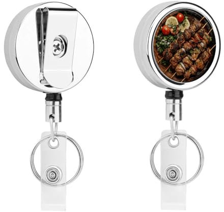 Metall-Ausweishalter für Kebab auf Holzplatte, Ausweishalter für Ausweise, einziehbarer Ausweishalter mit Gürtelclip, robuste Namensschilder, Arbeitsabzeichen für Arbeit, Büro