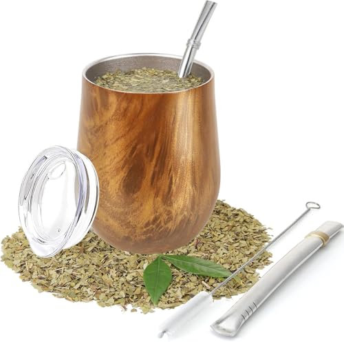 Ruikcoll Taza de té mate de doble pared de acero inoxidable resistente al calor con tapa sin BPA, dos pajitas y cepillo de limpieza (color de grano de madera)