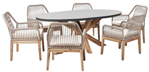 Beliani Gartentisch oval Faserzement grau mit 6 Geflecht-Stühlen beige Oristano/Olbia