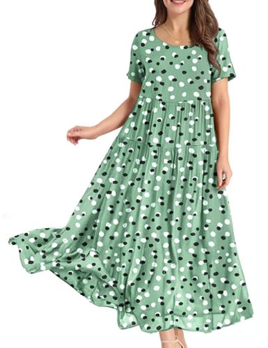 YESNO Women Dresses Casual Plus Size Bohemian Short Sleeve Floral Long Maxi Summer Beach Swing Dress/Pockets L EJFUK CR394