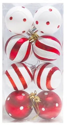 Lot de 8 Boules de Noël incassables, Peinture délicate, Rouge et Blanc, pour Mariage de Noël, Rayures Pois