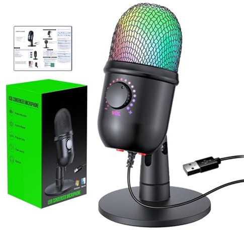 Micrófono USB: Micrófono De Juegos Con Iluminación RGB, Micrófono De Computadora USB, Micrófono De Condensador Para Podcast De Mesa Con Botón De Silencio