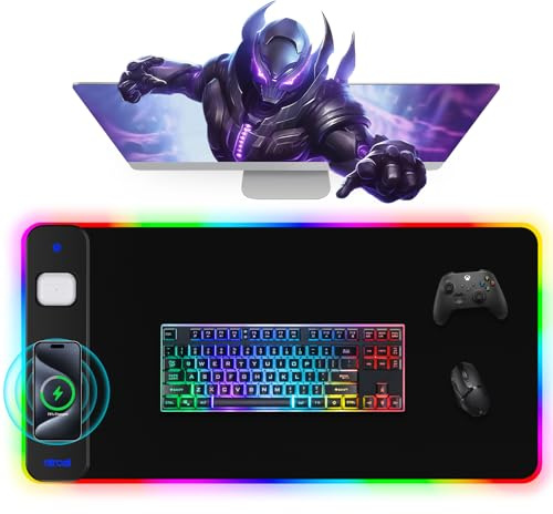 Tapis de souris de jeu magnétique RVB 80 x 40 cm, charge rapide sans fil 15 W, tapis de bureau XXL avec 11 modes d'éclairage RVB, grand tapis de clavier pour bureau à domicile avec surface ultra lisse