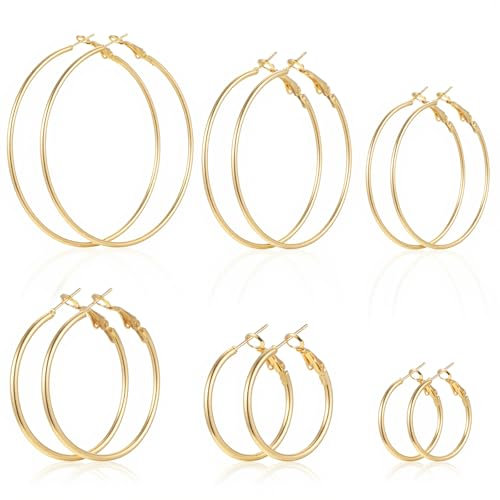 6 Paar Große Creolen Ohrringe Set, Gold Große Creolen Für Damen, Hypoallergen Kreis Endlosecreolen, Ohrringe Rund 25/30/40/50/60/70 Mm Für Mädchen Und Damen