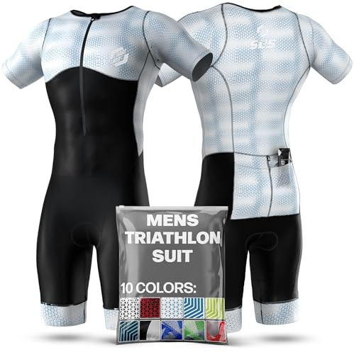 SLS3 Tuta da triathlon da uomo, a maniche corte, traspirante, ad asciugatura rapida, con 2 tasche, imbottitura personalizzata per ciclismo, nuoto e corsa, design aerodinamico, Sfocatura del cielo, L