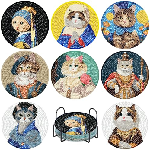 Miquans Art 8 Stück Diamond Painting Untersetzer Mit Halter, Katze Diamant Painting für Basteln Erwachsene, DIY Bottom Non-Slip Zubehör für Wohndekoration, Erwachsene