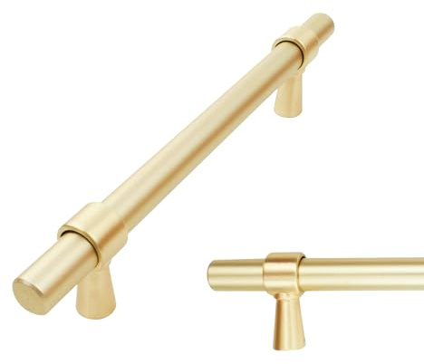 keypak 10 Pack Brushed Brass Smooth Kitchen Cupboard Handles 128mm | 182mm Bar, Aluminium T-Bar Pulls for Cabinet, Wardrobe Doors, Chest of Drawers