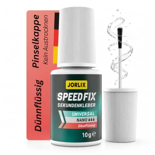 JORLIX Speedfix Nano – Sekundenkleber dünnflüssig mit Pinsel 10g | Dünnflüssiger Sekundenkleber als Sekundenkleber extra stark mit Pinselkappe (10g)