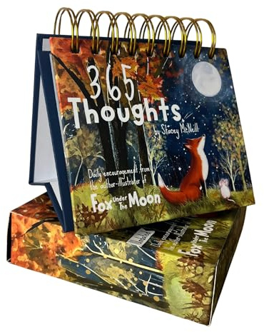 Fox Under The Moon 365 Thoughts Desktop Inspirational Quote Stand, Undated Daily Motivational Messages with Artwork, 135mm x 135mm Wire-Bound Book